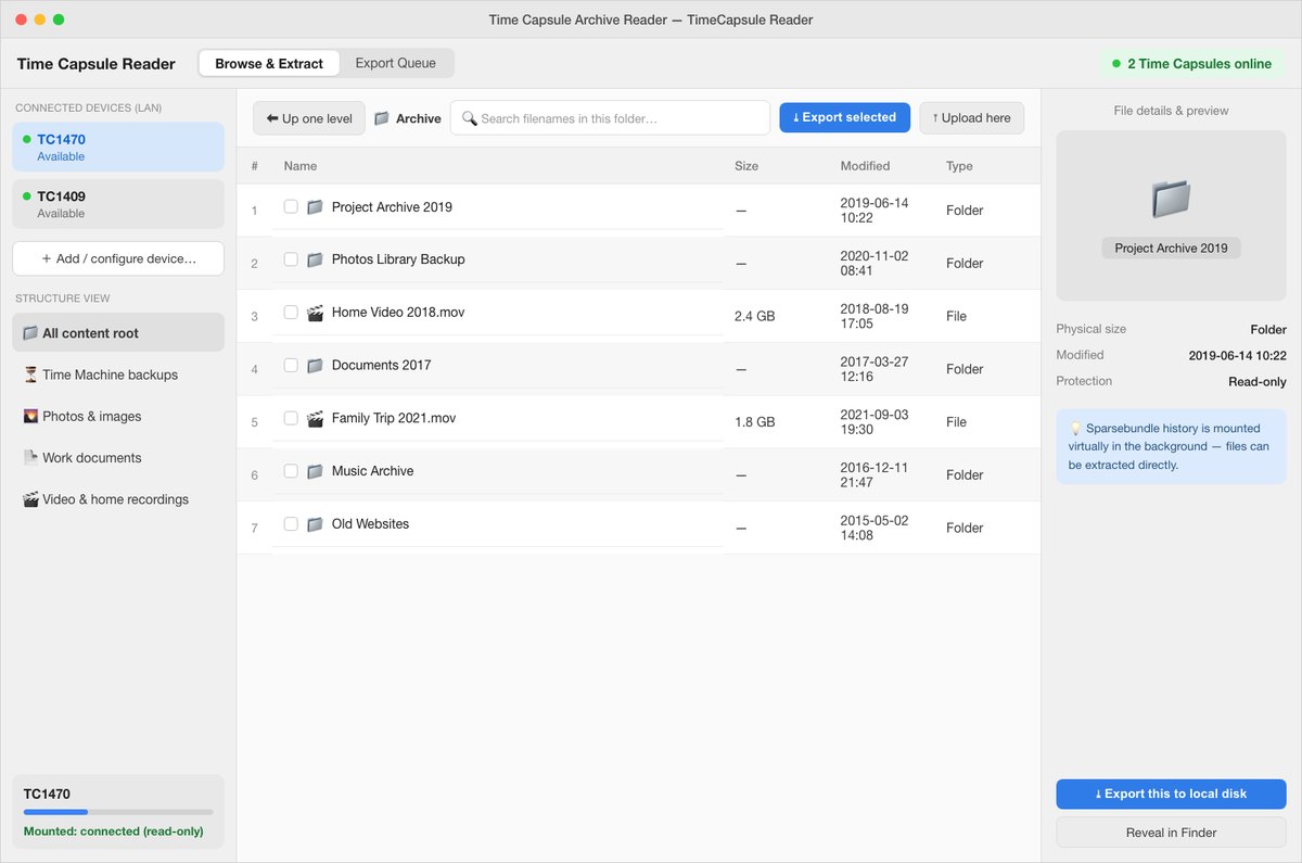 TimeCapsule Reader interface: connected device list on the left, file browser in the centre, and file details on the right.
